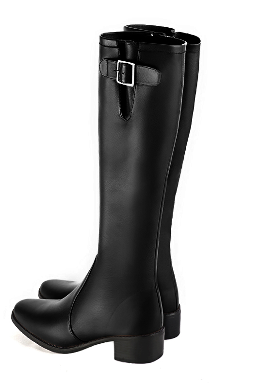 Satin black women's knee-high boots with buckles. Round toe. Low leather soles. Made to measure. Rear view - Florence KOOIJMAN